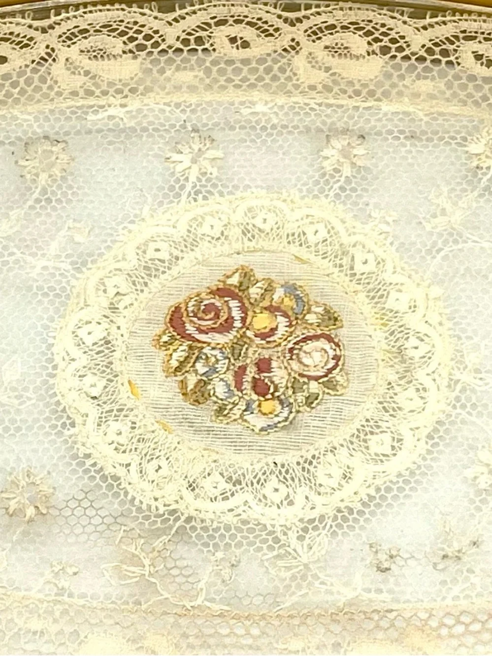 Vintage Lucite Vanity Tray with Lace & Embroidered Roses Butterscotch Oval